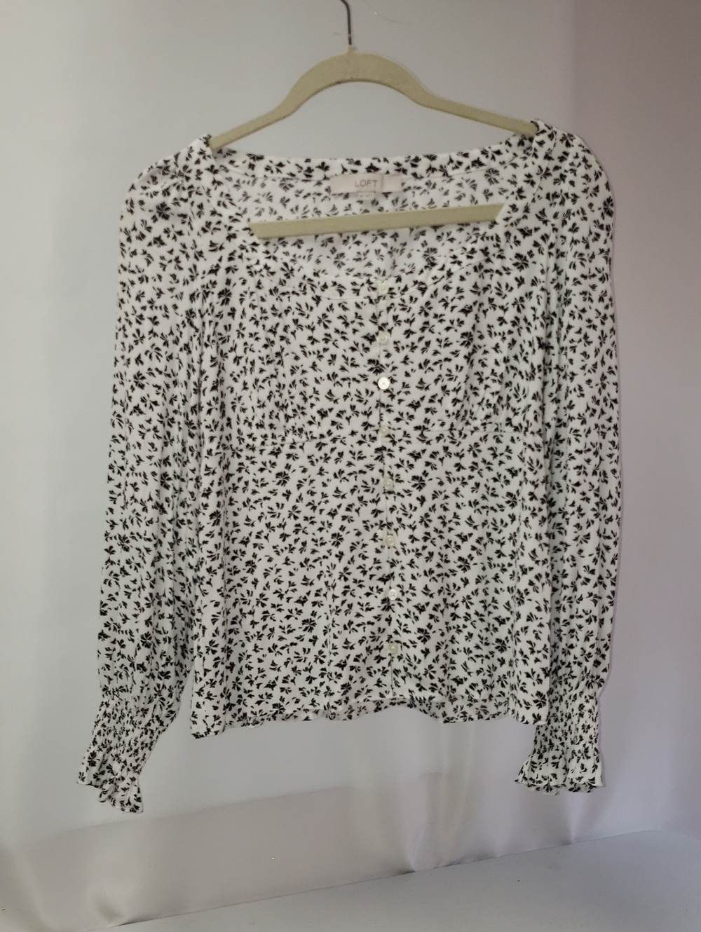 LOFT White  Xsmall Top with Black Floral Print and Button Front